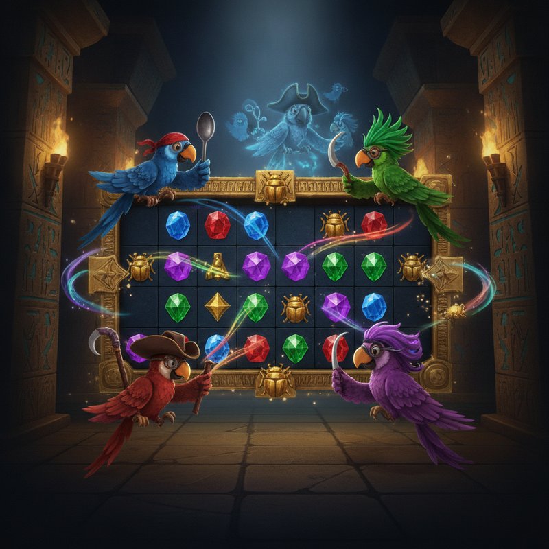 Pirots 5 slot machine: quattro pappagalli pirati collezionano gemme colorate su una griglia 6x6 all'interno di un tempio egizio dorato con simboli bonus scarabeo e Captain Blackfeather